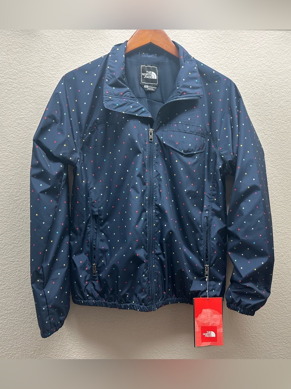 The North Face Navy Rain Jacket with Multicolor Polka Dots - Women’s